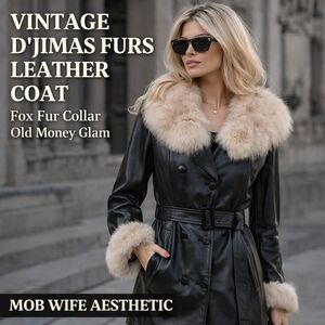 Vintage D’Jimas Furs Leather Coat Fox Fur Collar Belted Black Trench Old Money